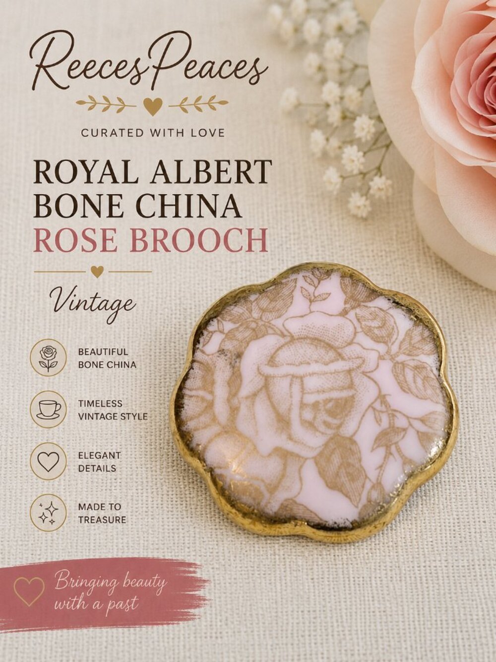 Royal Albert Bone China Rose Brooch Vintage Gold Tone Floral Pin